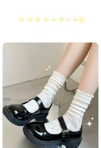 Detail of white ruffle crew socks featuring diamond patterns and heart jacquard texture