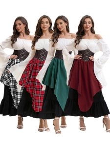 Detail view of four German Oktoberfest costume sets in various colors and layered skirts