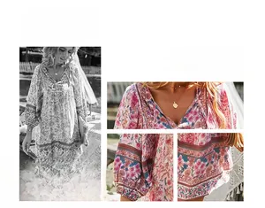 Détails du col en V et des poignets sur une robe longue à imprimé floral bohème
