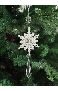 Macro detail of white glitter snowflake ornament with crystal drop for Christmas tree
