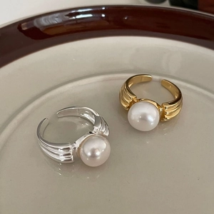 925 Sterling Silver Artificial Pearl Ring Ribbed Grooved Texture Adjustable Open Band Vintage French Style Jewelry For Women