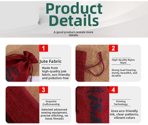 Detailed views of red linen gift bag fabric, nylon drawstring, and premium stitching quality