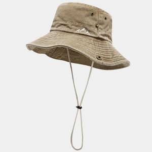 Washed cotton hiking bucket hat in khaki with mountain embroidery and windproof strap