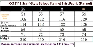 Detailed size chart for striped poplin shirt with shoulder and chest measurements