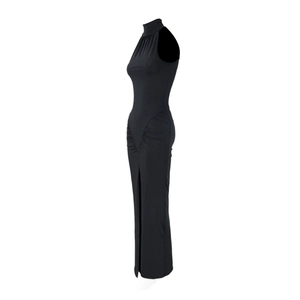 Side view of black bodycon dress with high neck and elegant ruched drawstring detailing