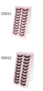 Detailed view of DSD11 and DSD12 thick, curled false eyelash sets with 10 pairs each