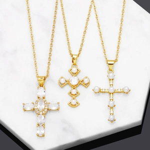 Cross Pendant Necklace With Copper Zircon And Artificial Pearl For Women Gold Plated Elegant Religious Jewelry