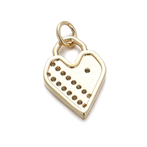 Detail of gold heart pendant charm with double row of small rhinestones and top ring loop