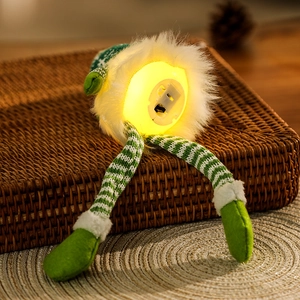 Detailed macro view of the glowing base and switch on a knitted Christmas gnome ornament