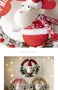 Détail d'ornements de renne et bonhomme de neige en peluche sur une couronne de Noël