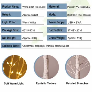Detailed view of LED birch tree lamp with USB/battery power and warm lighting specs
