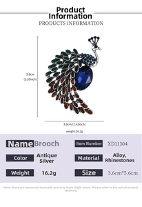 Détails de broche paon avec dimensions et strass colorés sur alliage d'argent poli