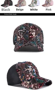 Detailed comparison of four sequin baseball hats in black, beige, white and pink colors