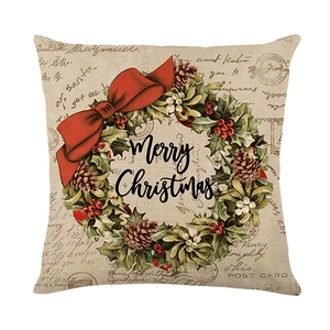 Vintage beige Christmas pillowcase with festive wreath and Merry Christmas postcard print