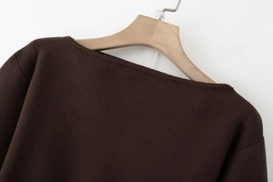 Macro detail of dark brown knit sweater neckline with fine stitching and ribbed texture