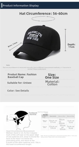 Size guide for cotton baseball cap showing brim length and adjustable head circumference