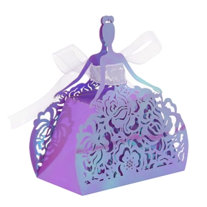 Close-up of laser-cut purple rose hollow candy box with a white ribbon bow detail