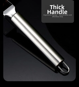 Detail of ergonomic stainless steel handle with hanging hook for watermelon cutter tool