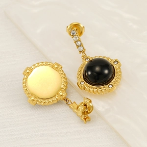 Gold plated stainless steel drop earrings with black natural stone and sparkling crystals