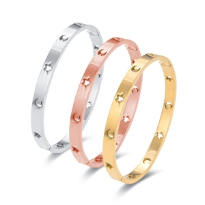 Three-piece set of stainless steel hollow star and moon bangles in silver, rose gold and gold