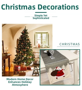 Detailed view of Christmas table runner with Santa Claus, snowflakes and pine tree patterns