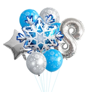Set di palloncini a fiocco di neve blu e argento con numero otto per festa di compleanno