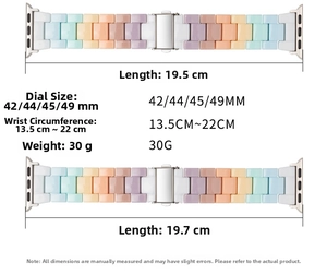 Size guide for colorful resin Apple Watch band showing lengths and compatible dial sizes