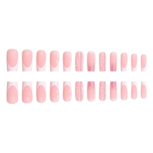 Pink and white gradient French press-on nails with glitter and floral designs