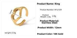 Detailed view of 18K gold plated stainless steel heart hug ring with size measurements