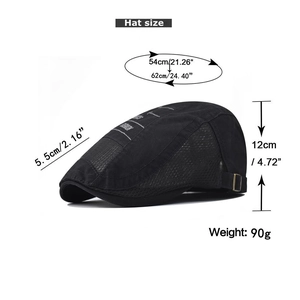 Detail view of black flat cap showing dimensions and breathable mesh side panels