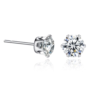 Round cut zircon stud earrings in six-prong stainless steel setting with reflections