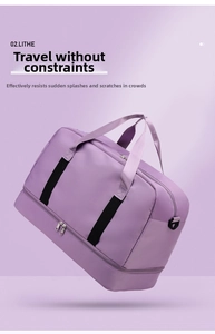 Detail of purple large travel bag featuring water-resistant fabric and expandable bottom