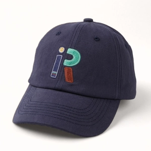 Navy blue cotton baseball cap with colorful letter embroidery in a stylish 45-degree view
