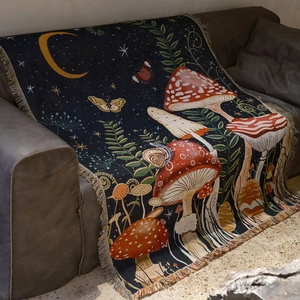 Mushroom and moon celestial tapestry throw blanket with tassel fringe for sofa decor