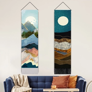 Mountain landscape and red sun wall tapestries with tassels for home decor