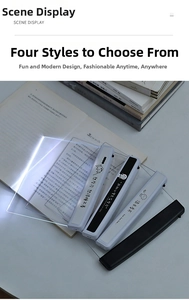Close-up of portable LED flat panel reading lights with decorative handles on an open book