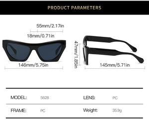Detailed size chart for black cat eye sunglasses showing PC frame and lens dimensions
