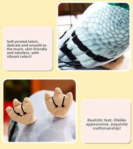 Detail of soft printed fabric and realistic bird claws on a plush pigeon doll