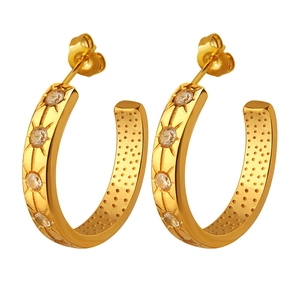 French retro gold-plated C-shaped starburst earrings with sparkling zircon inlay