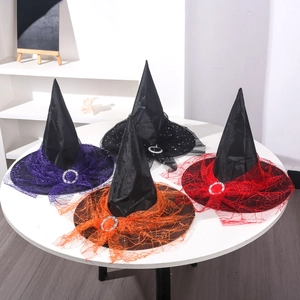 Halloween Witch Hat Pointed Wizard Hat With Spiderweb Lace And Star Mesh Alloy Rhinestone Buckle For Cosplay Party Adult
