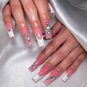 Press On Nails White French Tip Pink Base Colorful 3D Rhinestones And Gems Long Coffin Luxury Fake Nails For Women