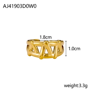 Detail showing geometric interwoven gold ring dimensions 1.8cm width and 3.3g weight