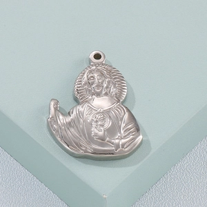 Detailed relief of Sacred Heart Jesus pendant in silver-tone stainless steel finish
