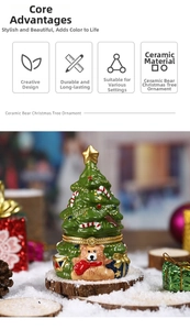 Detailed view of a ceramic Christmas tree ornament with bear patterns and metal hinge