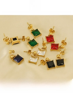 Detail of 10 pairs titanium steel earrings with square cubic zirconia in five colors