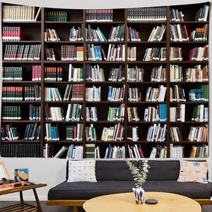 Detailed close-up of a library bookshelf tapestry used for modern living room wall decor