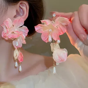 Romantic fabric flower tassel earrings with zircons and drop pearls for women