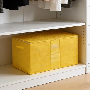 Yellow rose jacquard fabric storage bin with clear window and handles for closet