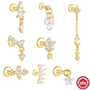 925 Sterling Silver Zirconia Moon Star Cartilage Piercing Stud Earrings Gold Plated Minimalist Geometric Ear Bone Jewelry For Women