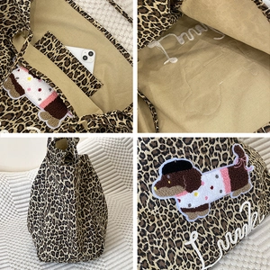 Vintage leopard tote bag with dachshund embroidery and spacious interior compartments
